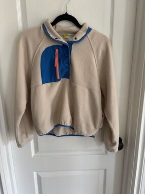 Hippie Rose Cream Fleece Pullover with Blue Accent and Coral Zipper